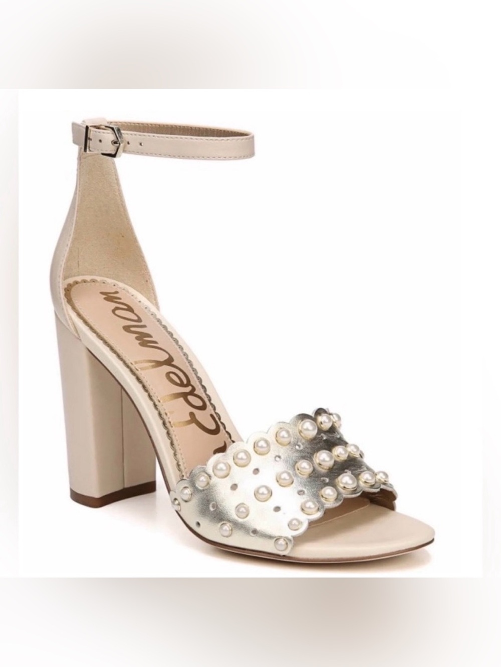 Sam Edelman Pearl Scalloped Block Heel Sandals Ivory Gold Bridal Wedding Size 7